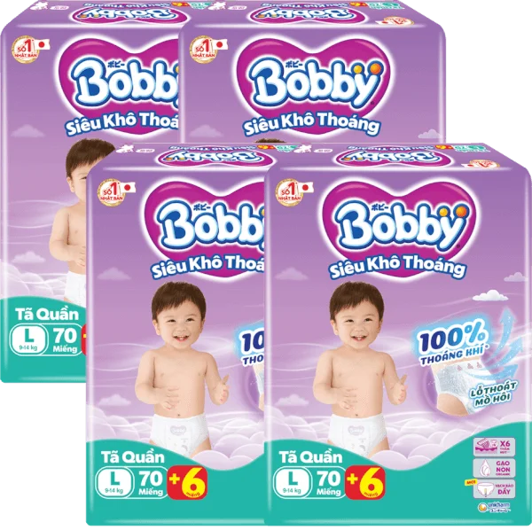 Combo 4 Tã quần Bobby size L, 70 miếng + 6 miếng