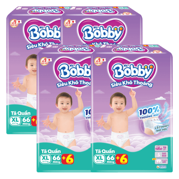 Combo 4 Tã quần Bobby size XL, 66 miếng + 6 miếng