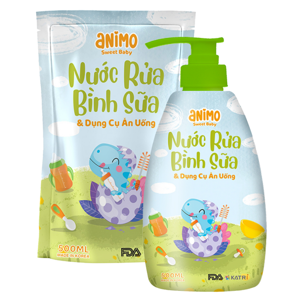 Combo 1 Nước rửa bình sữa kháng khuẩn Animo túi 500ml (Xanh da trời) và 1 Nước rửa bình sữa kháng khuẩn Animo chai 500ml (Xanh da trời)