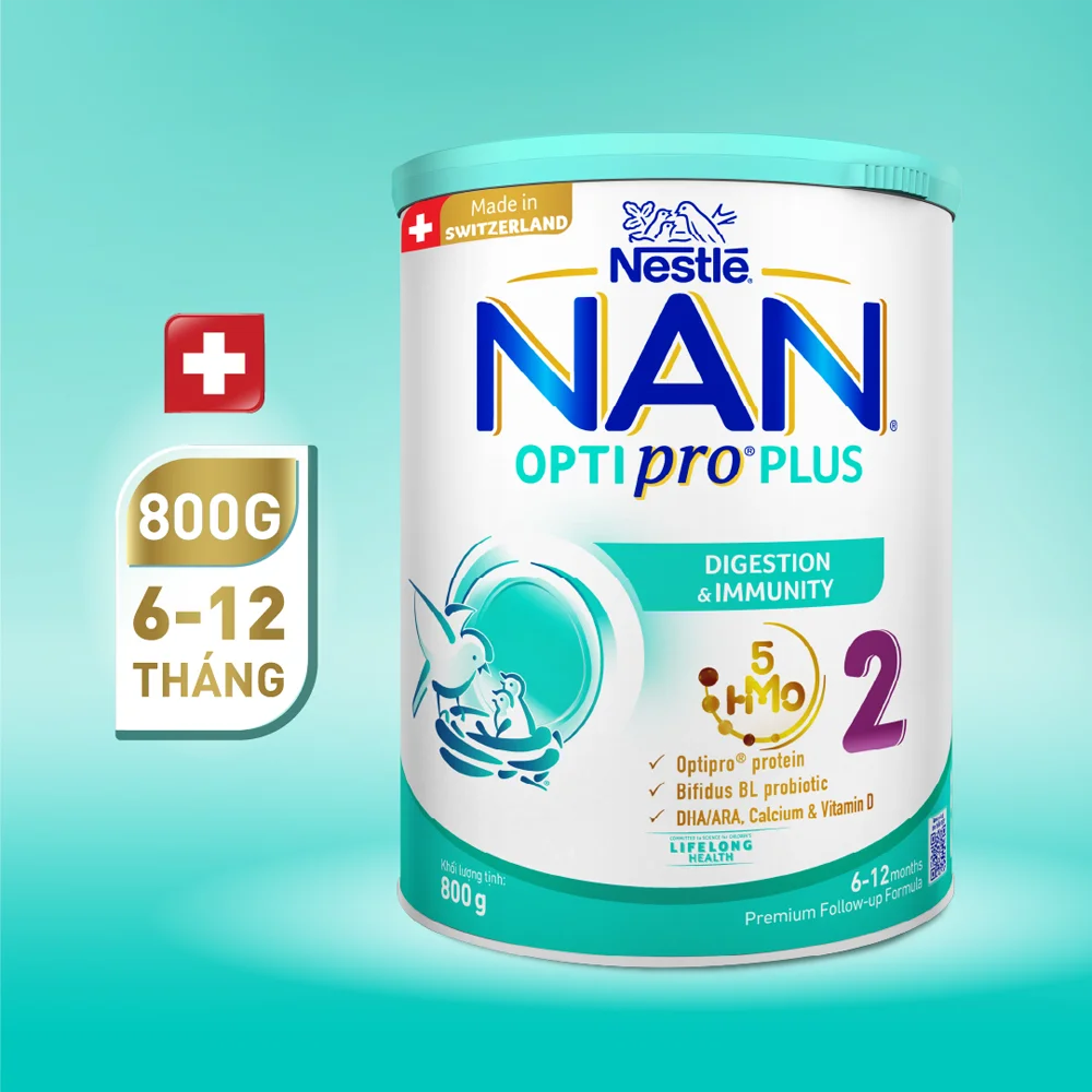 Sữa Nan Optipro PLUS 2 800g, với 5HMO, sản xuất tại Thụy Sỹ (6-12 tháng) (Giao bao bì ngẫu nhiên)
