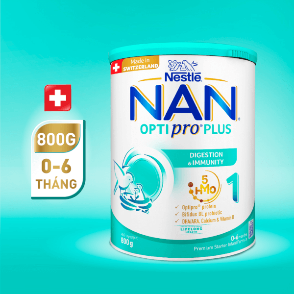 Sữa Nan Optipro PLUS 1 800g, với 5HMO, sản xuất tại Thụy Sỹ (0-6 tháng) (Giao bao bì ngẫu nhiên)