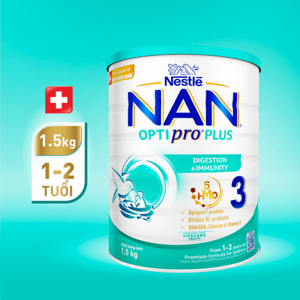 Sữa Nan Optipro PLUS 3 1.5kg, với 5HMO, công thức từ Thụy Sĩ (1-2 tuổi) (Giao bao bì ngẫu nhiên)