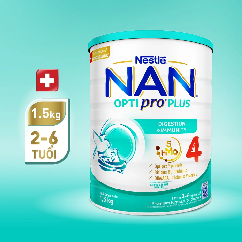 Sữa Nan Optipro PLUS 4 1.5kg, với 5HMO, Công thức từ Thụy Sĩ (2-6 tuổi) (Giao bao bì ngẫu nhiên)