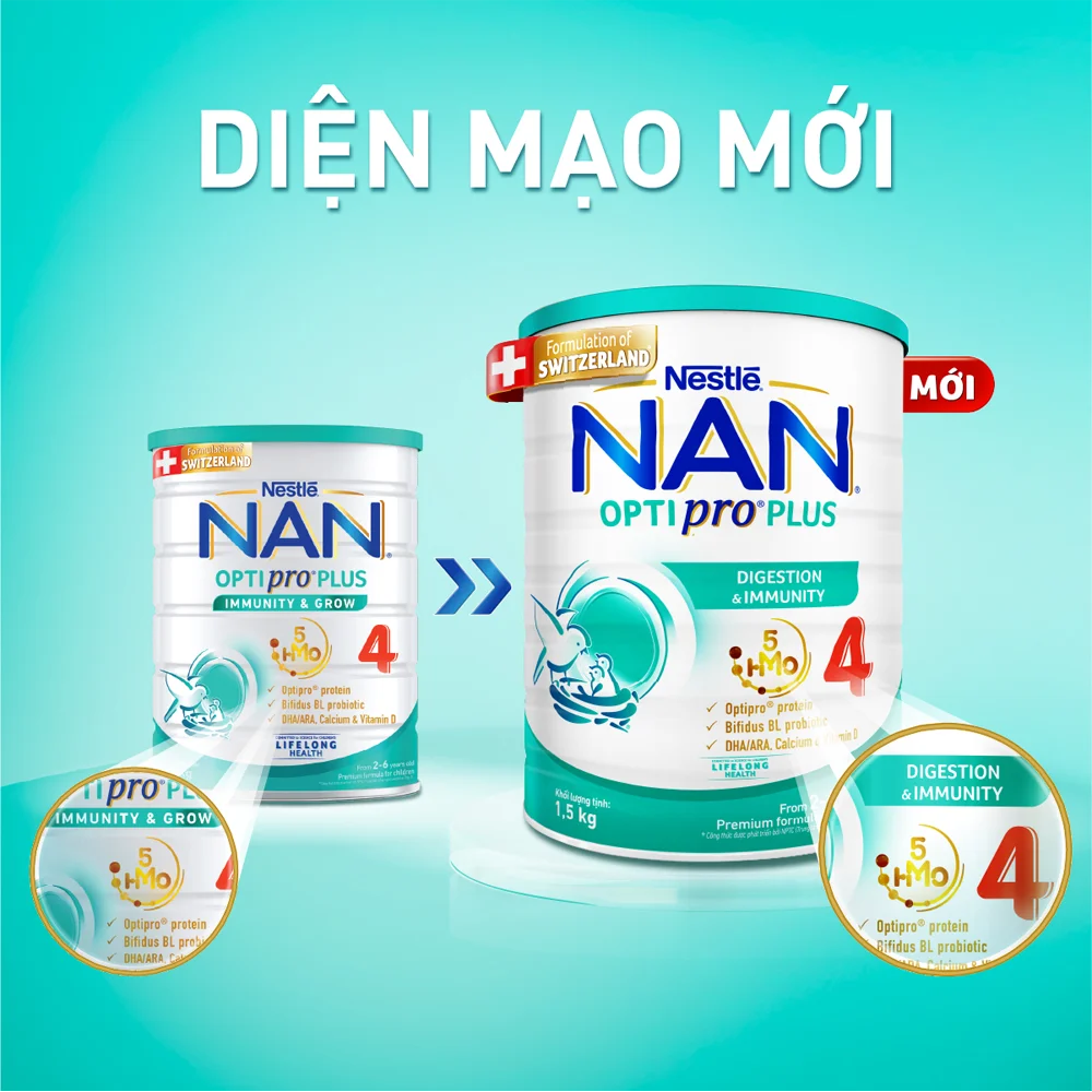 Sữa Nan Optipro PLUS 4 1.5kg, với 5HMO, Công thức từ Thụy Sĩ (2-6 tuổi) (Giao bao bì ngẫu nhiên)