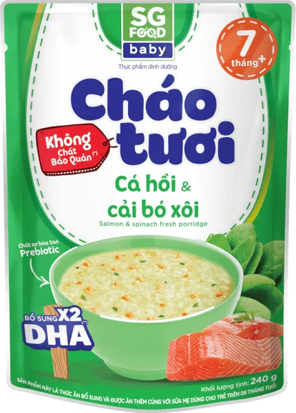 Cháo tươi Baby cá hồi cải bó xôi, SG Food, 7 tháng, 240g