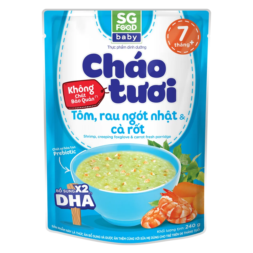 Cháo tươi Baby Tôm Rau Ngót Nhật Cà Rốt, SG Food, 7 tháng, 240g