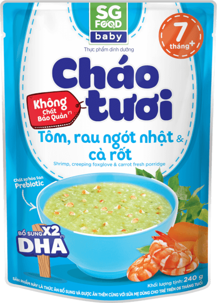 Cháo tươi Baby Tôm Rau Ngót Nhật Cà Rốt, SG Food, 7 tháng, 240g
