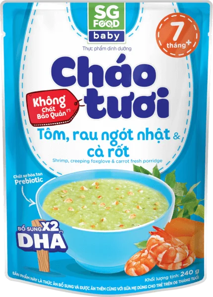 Cháo tươi Baby Tôm Rau Ngót Nhật Cà Rốt, SG Food, 7 tháng, 240g