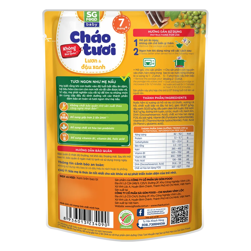 Cháo tươi Baby lươn đậu xanh 240g, SG Food