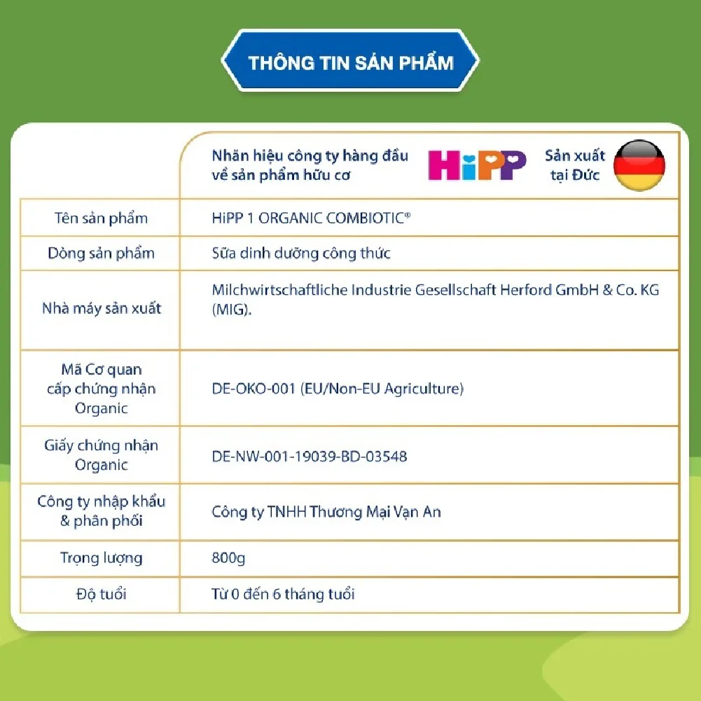 Sữa HiPP Organic Combiotic số 1 800g (0-6 tháng tuổi)