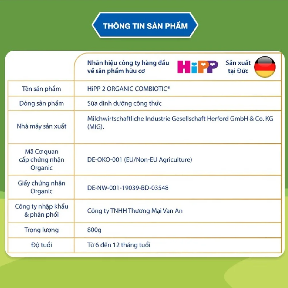 Sữa HiPP Organic Combiotic số 2 800g (6-12 tháng tuổi)
