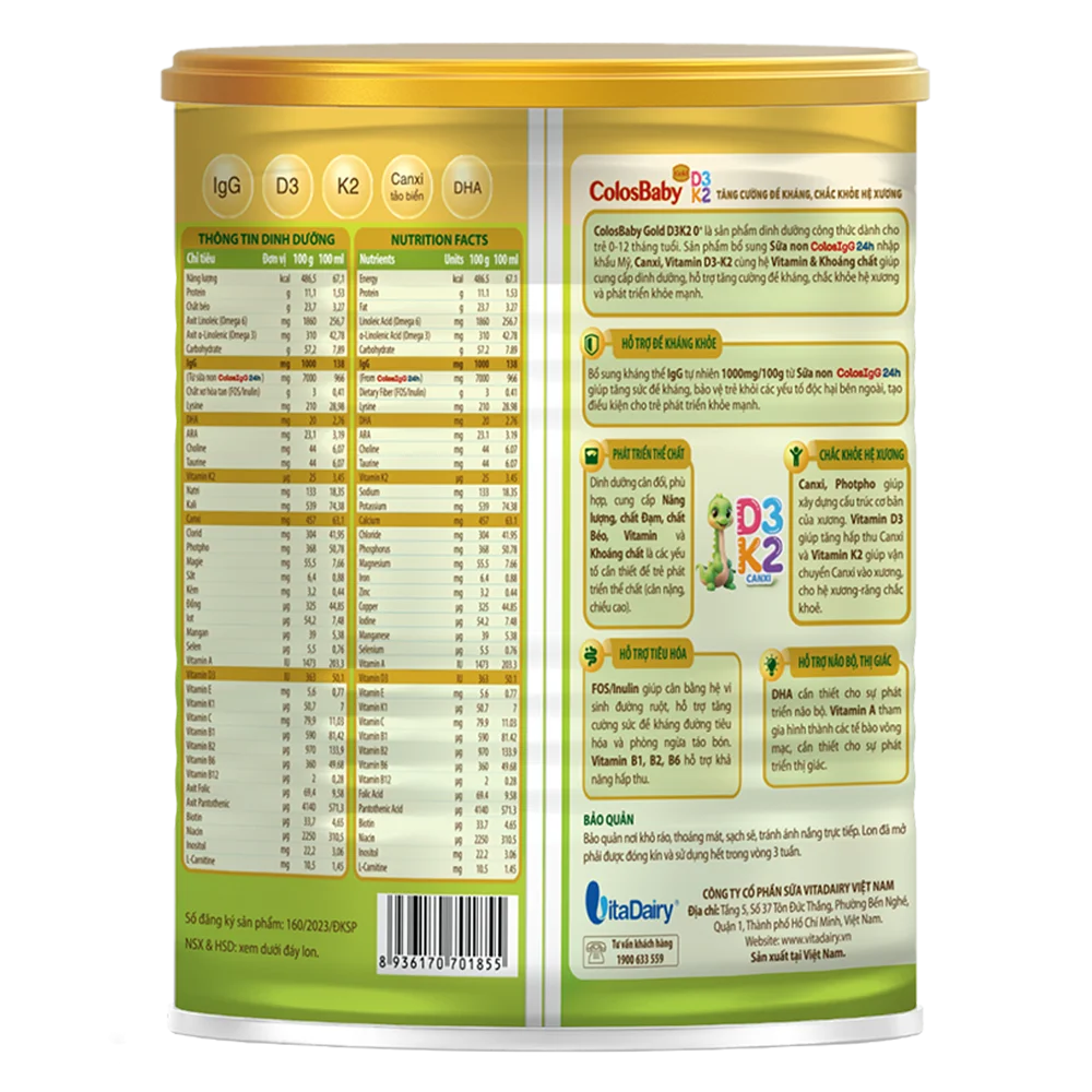 Sản phẩm dinh dưỡng công thức ColosBaby Gold D3K2 0+ 400g (0-12 tháng)