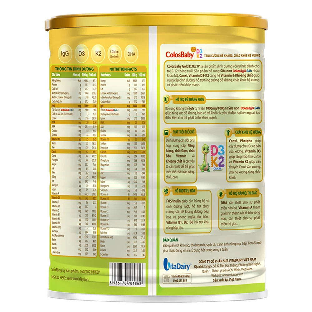 Sản phẩm dinh dưỡng công thức Colosbaby Gold D3K2 0+ 800g (0-12 tháng)