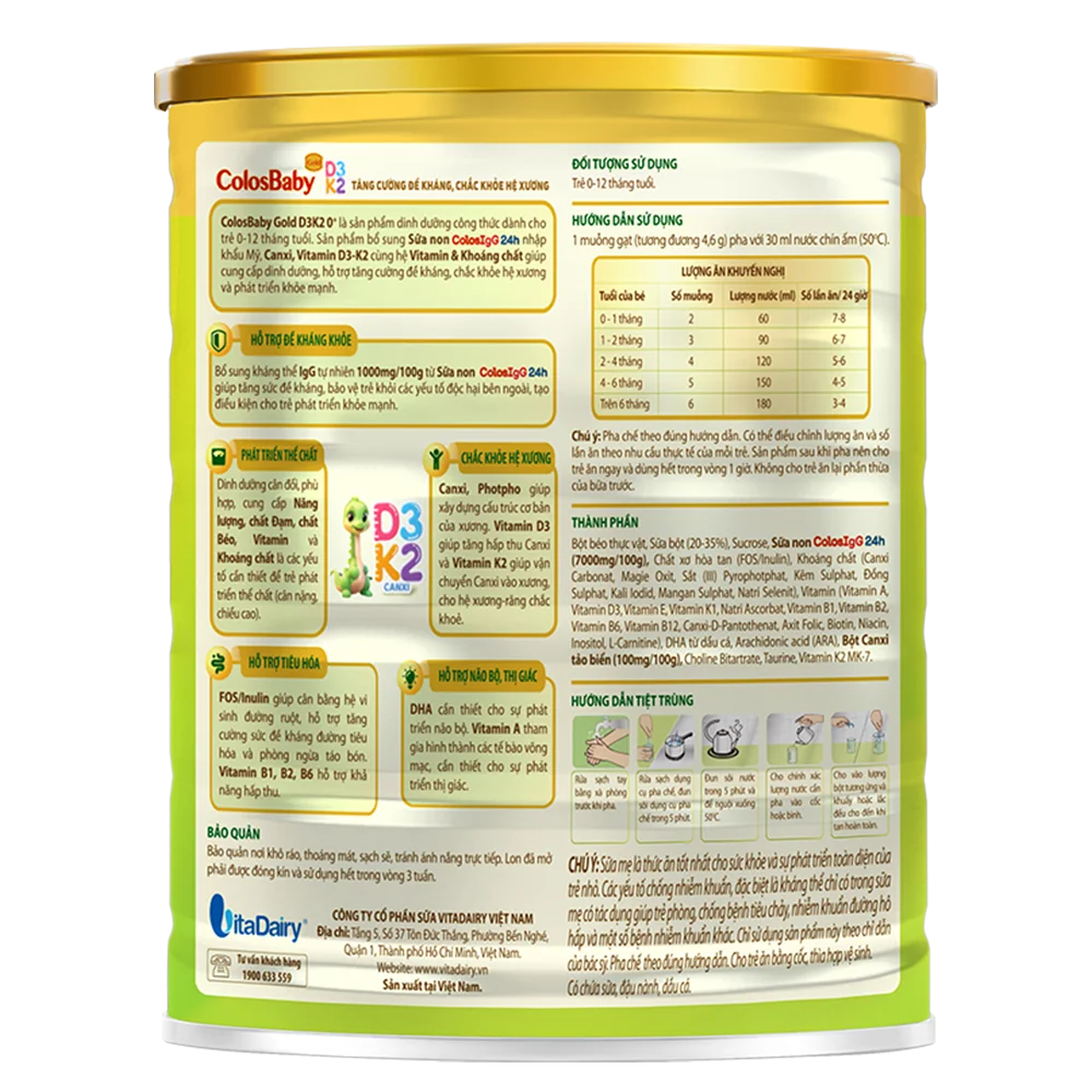 Sản phẩm dinh dưỡng công thức Colosbaby Gold D3K2 0+ 800g (0-12 tháng)