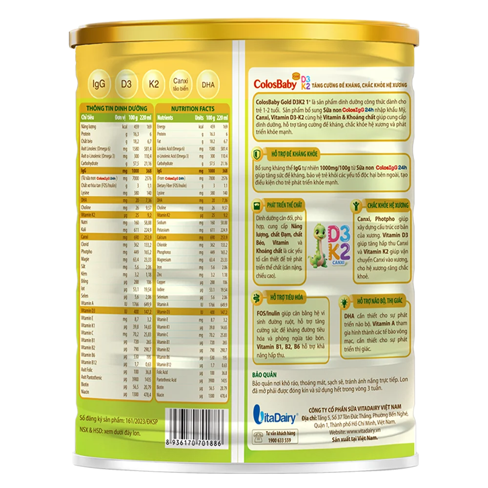 Sản phẩm dinh dưỡng công thức Colosbaby Gold D3K2 1+ 800g (1-2 tuổi)