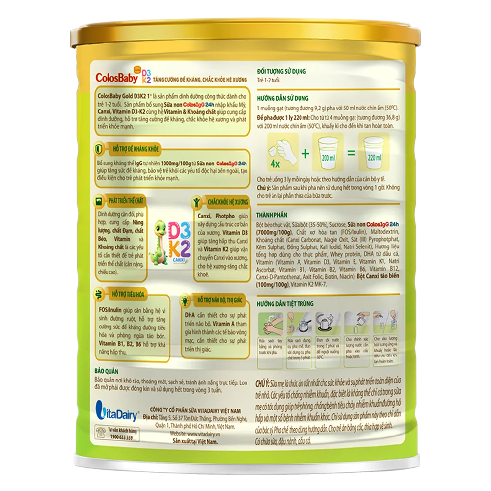 Sản phẩm dinh dưỡng công thức Colosbaby Gold D3K2 1+ 800g (1-2 tuổi)