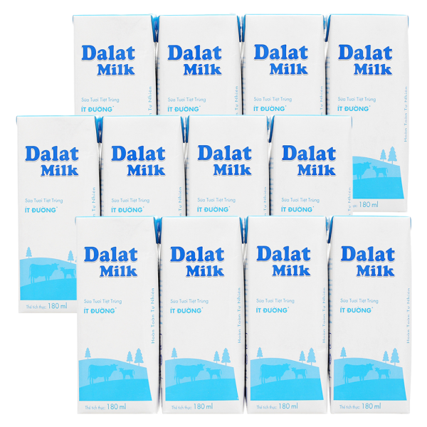 Combo 3 lốc Sữa tươi tiệt trùng Dalat Milk ít đường 180ml (lốc 4 hộp)