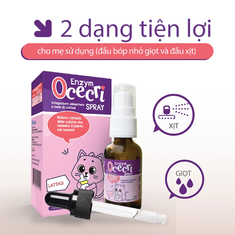 Enzym Lactase Ocecri cho trẻ sơ sinh bất dung nạp Lactase, đau bụng quấy khóc
