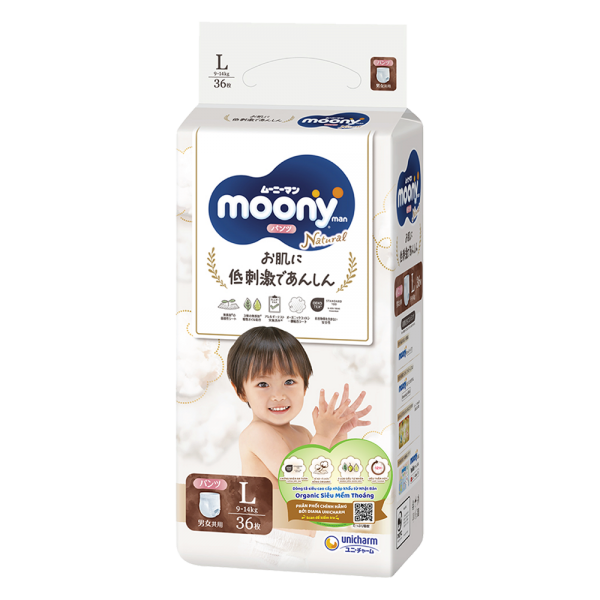 Combo 2 gói Bỉm tã quần Moony Natural size L 36 miếng (9-14kg)