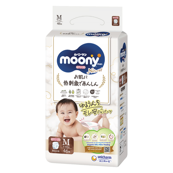 Combo 2 gói Bỉm tã quần Moony Natural size M 46 miếng (5-10kg)