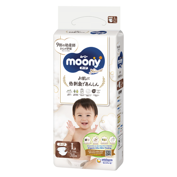 Combo 2 gói Bỉm tã dán Moony Natural size L 38 miếng (9-14kg)