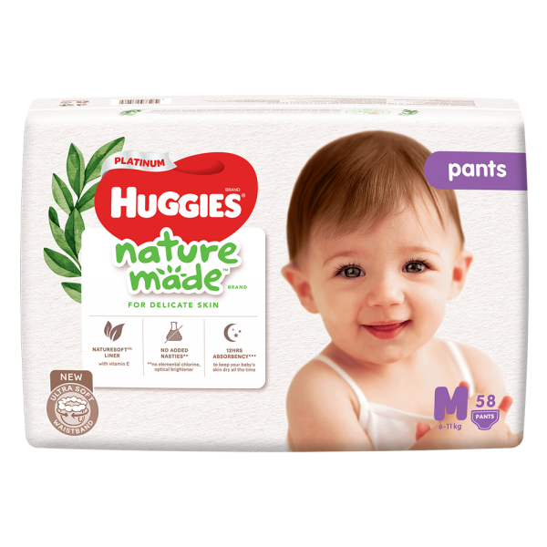Combo 4 gói Bỉm tã quần Huggies Platinum Nature Made M size 58 miếng (6-11kg)