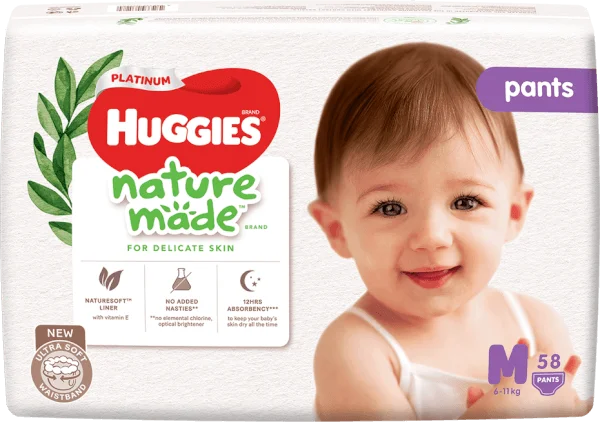 Bỉm tã quần Huggies Platinum Nature Made M size 58 miếng (6-11kg) (giao bao bì ngẫu nhiên)