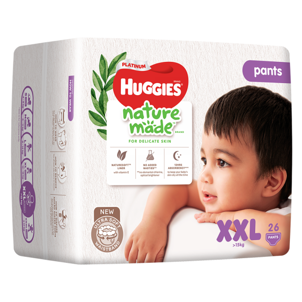 Combo 3 gói Bỉm tã quần Huggies Platinum Nature Made size XXL 26 miếng (trên 15kg)