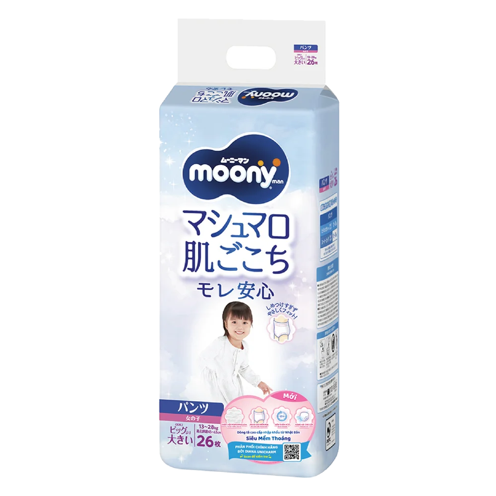 Bỉm tã quần Moony bé gái size XXL 26 miếng (13-28kg) (giao bao bì ngẫu nhiên)