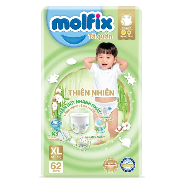 Combo 4 Tã quần Molfix thiên nhiên (XL, 12-17kg, 62 miếng) (giao bao bì ngẫu nhiên)