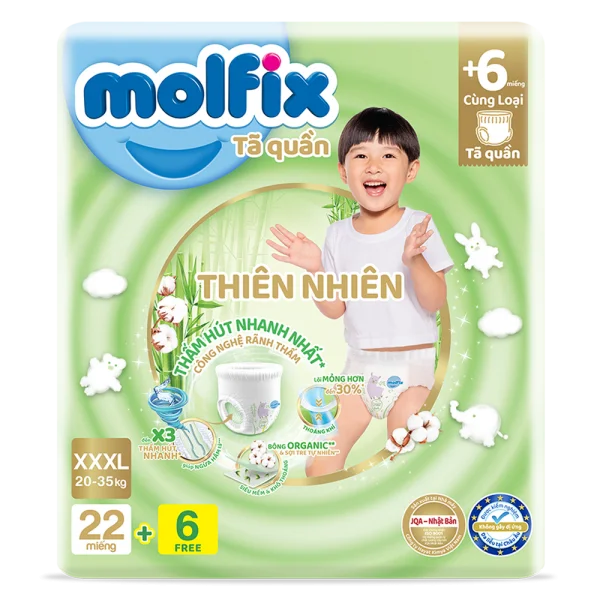 Bỉm tã quần Molfix Thiên Nhiên (XXXL, 20-35kg, 24 miếng + 6 miếng)