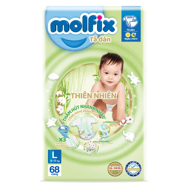 Bỉm tã dán Molfix Thiên Nhiên (L, 9-13kg, 68 miếng) (giao bao bì ngẫu nhiên)