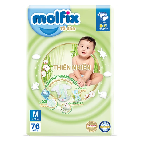 Combo 3 Bỉm tã dán Molfix thiên nhiên (M, 6-11kg, 76 miếng)