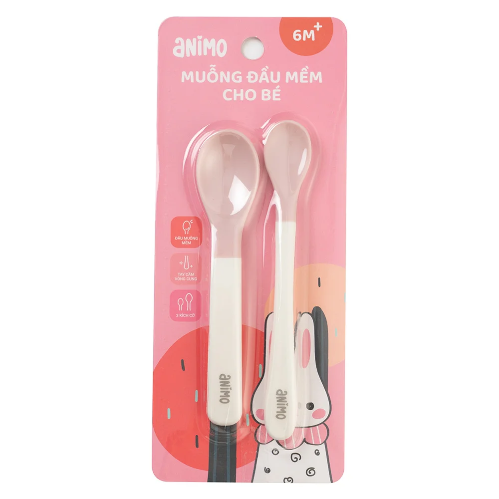 Vỉ 2 muỗng đầu mềm cho bé Animo (hồng, RK3704)