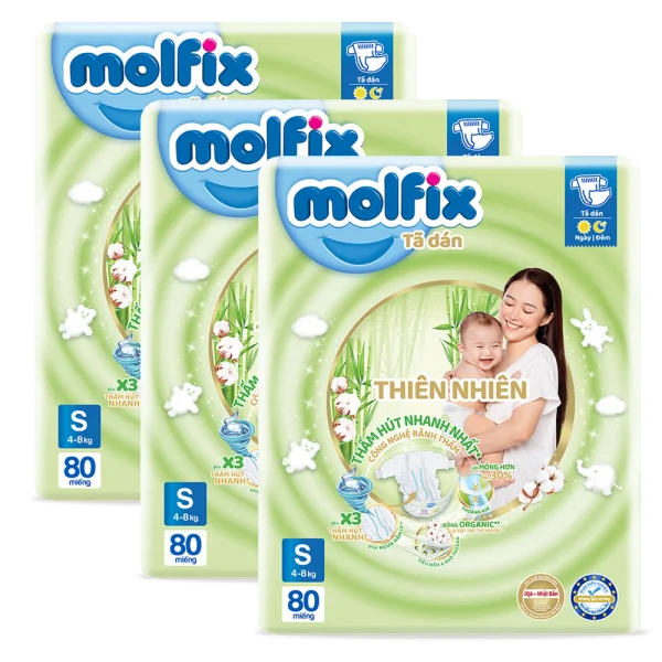 Combo 3 Bỉm tã dán Molfix thiên nhiên (S, 4-8kg, 80 miếng)