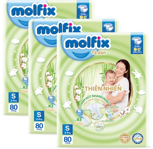 Combo 3 Bỉm tã dán Molfix thiên nhiên (S, 4-8kg, 80 miếng)