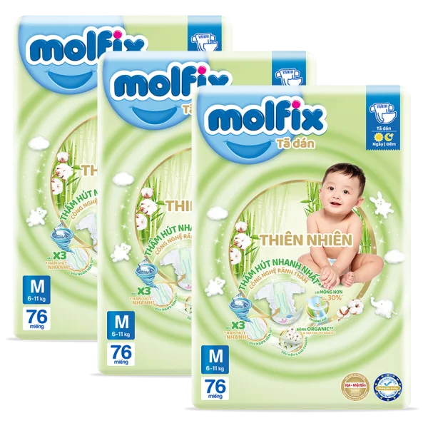 Combo 3 Bỉm tã dán Molfix thiên nhiên (M, 6-11kg, 76 miếng)