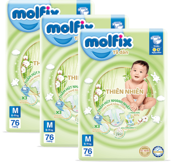 Combo 3 Bỉm tã dán Molfix thiên nhiên (M, 6-11kg, 76 miếng)