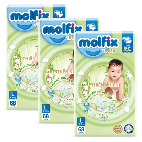 Combo 3 Bỉm tã dán Molfix thiên nhiên (L, 9-13kg, 68 miếng)