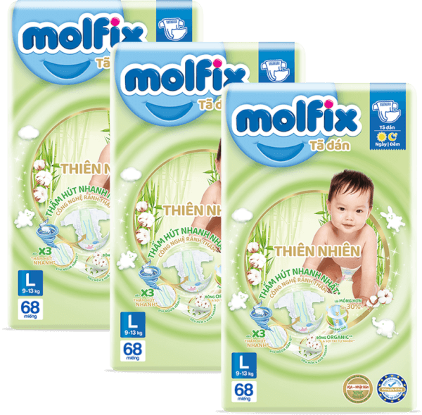 Combo 3 Bỉm tã dán Molfix thiên nhiên (L, 9-13kg, 68 miếng)