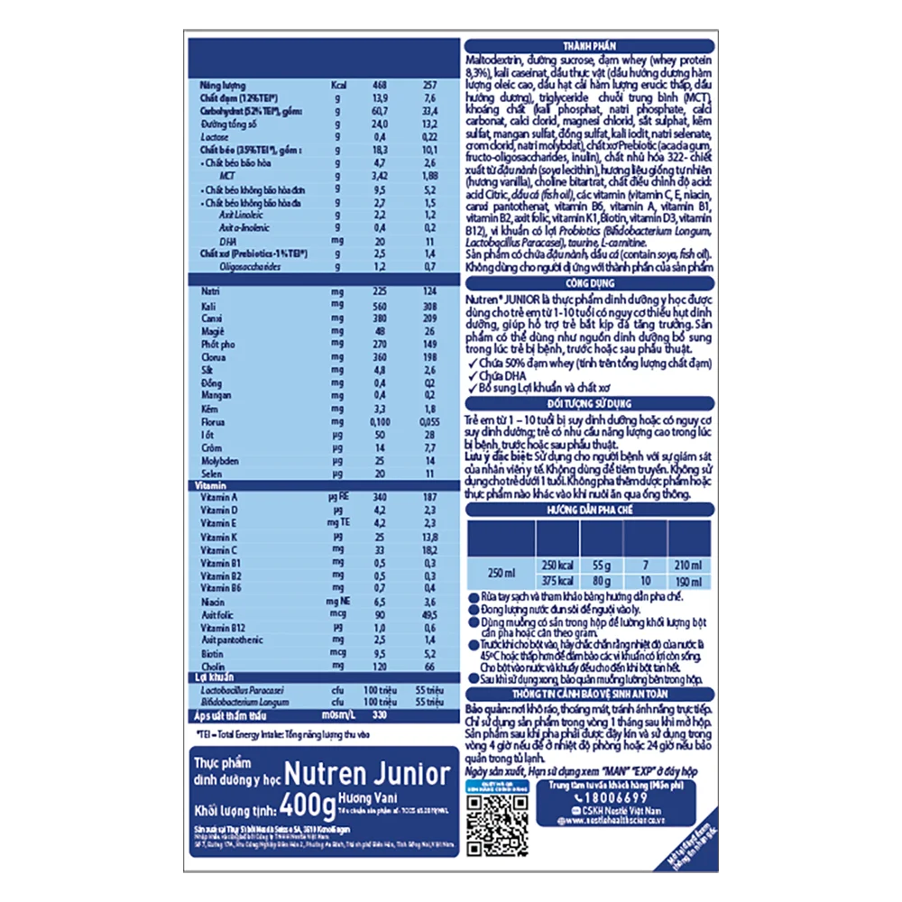 Combo 6 lon Thực phẩm dinh dưỡng Nutren Junior 400g (1-10 tuổi)