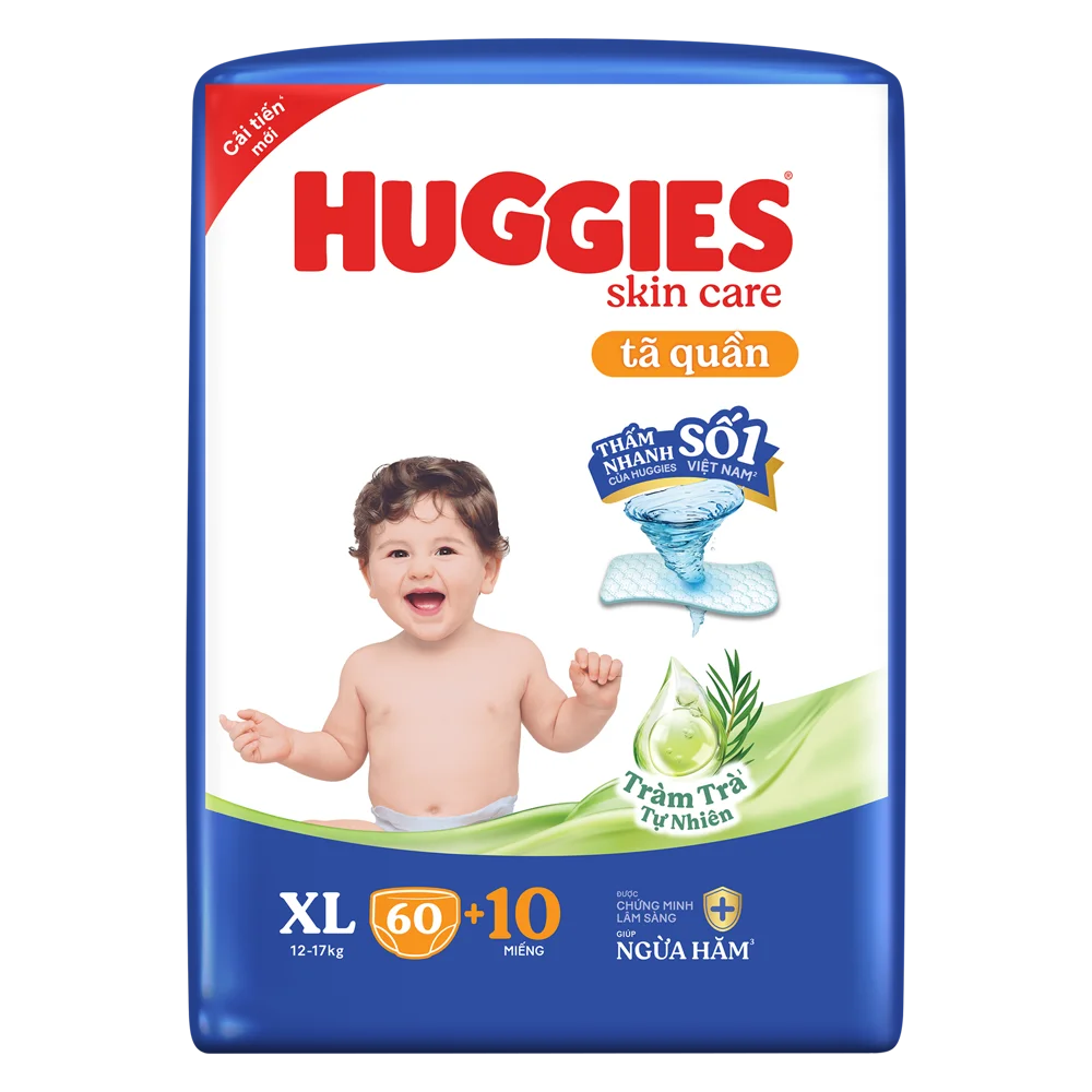 Tã quần Huggies Skincare gói cực đại (XL, 12-17kg, 60 miếng) (giao bao bì ngẫu nhiên)