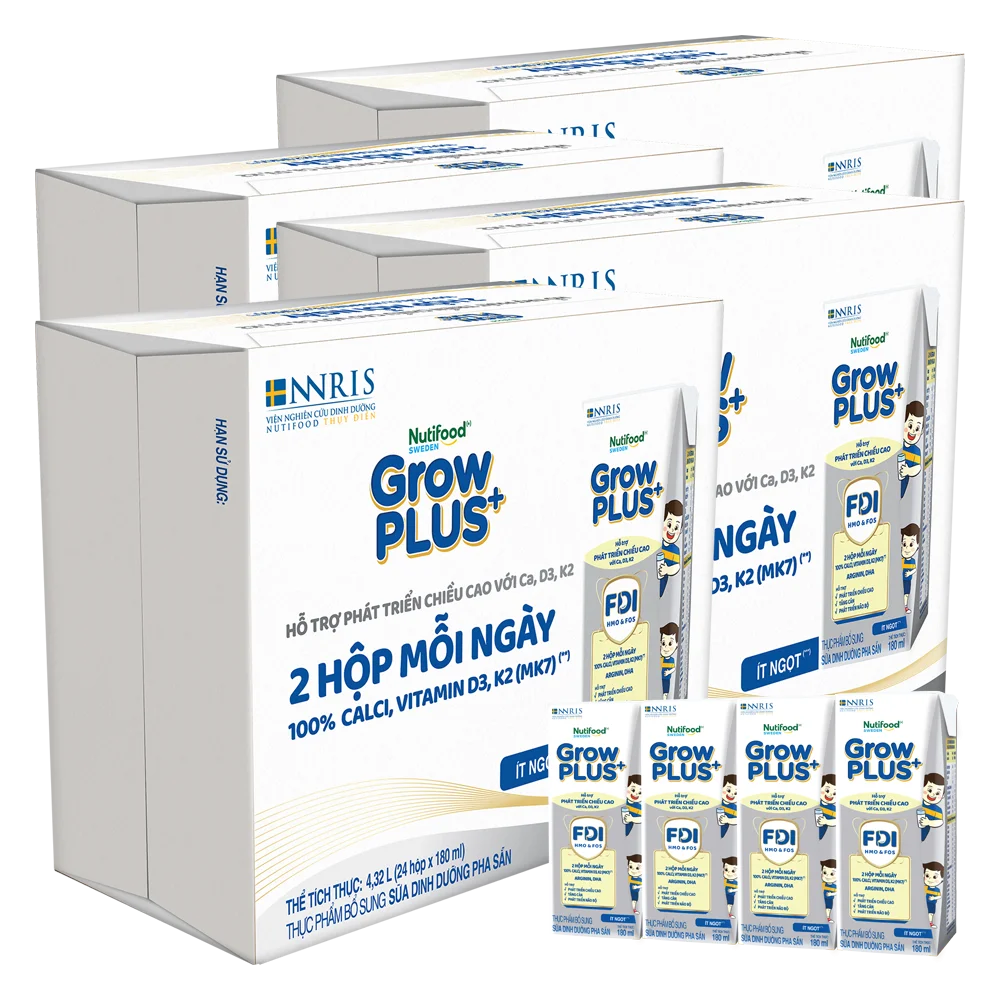 4 Thùng Sữa dinh dưỡng pha sẵn GrowPLUS+ (Bạc) 180ml, lốc 4 hộp (Từ 1 tuổi)
