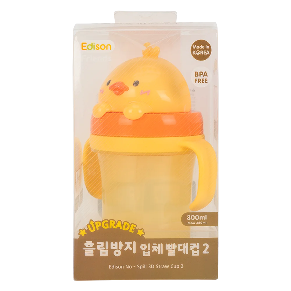 Bình tập uống ống hút chống tràn 3D Edison (300ml, vịt vàng)