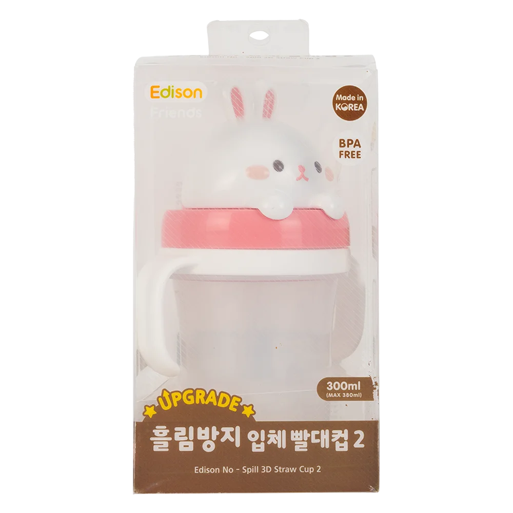 Bình tập uống ống hút chống tràn 3D Edison (300ml, thỏ hồng)