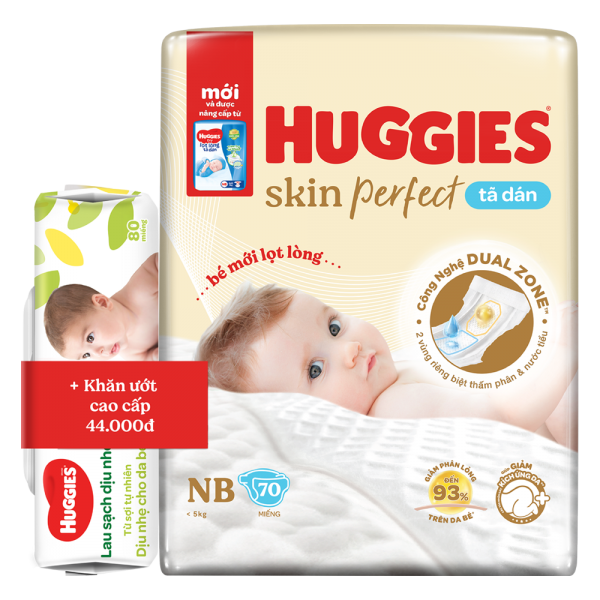 Combo 2 Tã dán lọt lòng Huggies Skin Perfect (Newborn, dưới 5kg, 70 miếng)