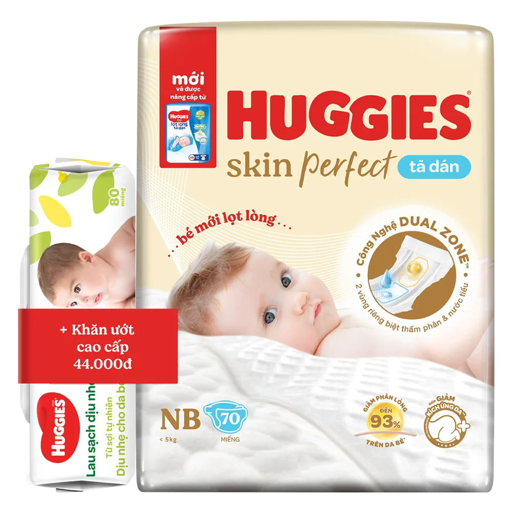 Tã dán lọt lòng Huggies Skin Perfect (Newborn, dưới 5kg, 70 miếng) (giao bao bì ngẫu nhiên)