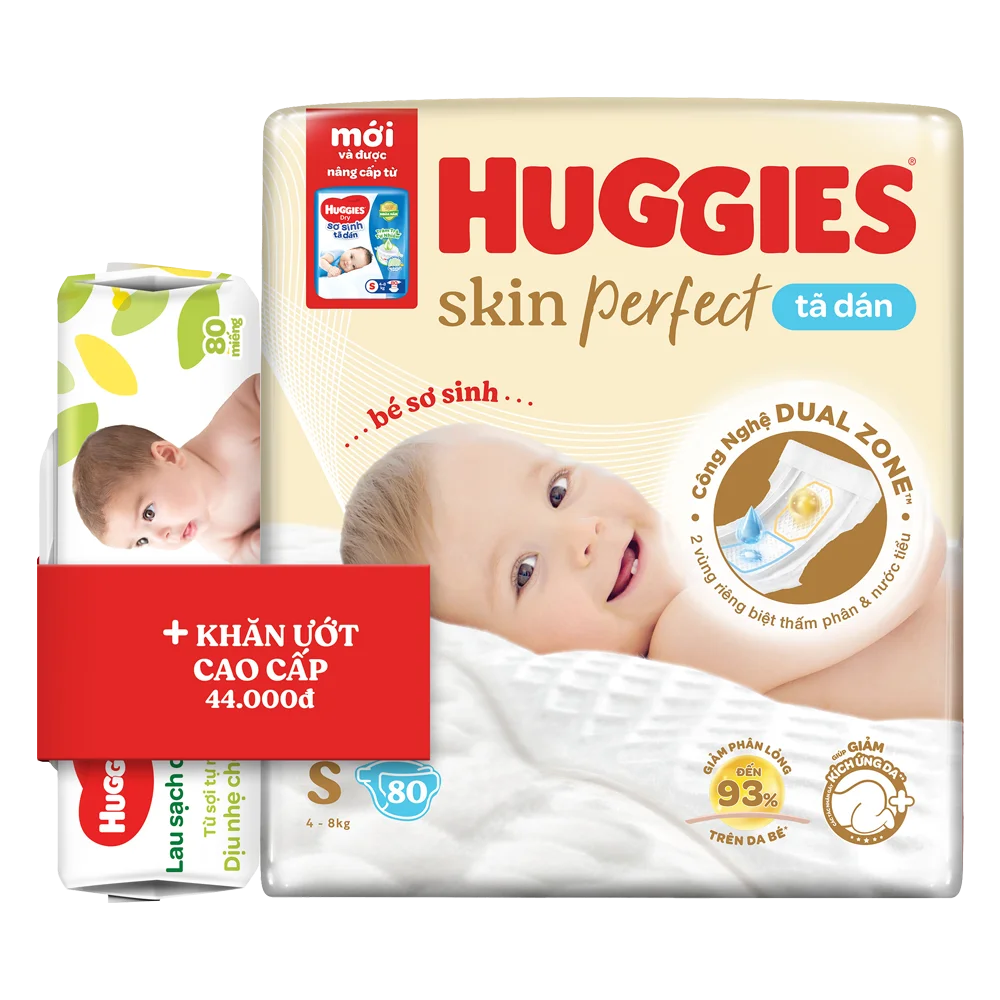 Tã dán sơ sinh Huggies Skin Perfect (S, 4-8kg, 80 miếng) (giao bao bì ngẫu nhiên)
