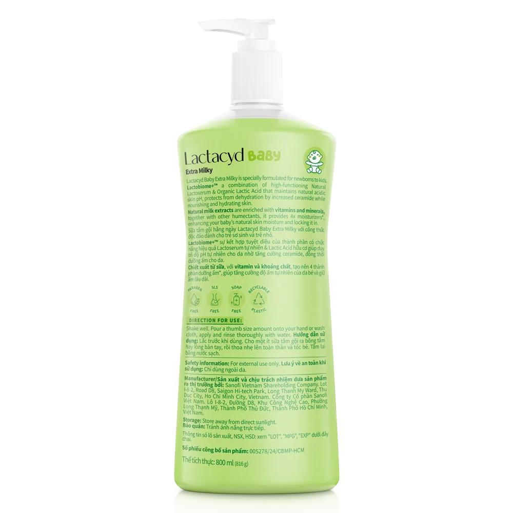 Sữa tắm gội trẻ em hàng ngày bảo vệ và nuôi dưỡng da và tóc bé Lactacyd STG Extra Milky 800ml (Giao mẫu ngẫu nhiên)