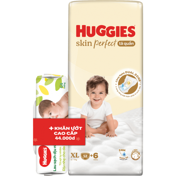 Combo 3 Tã quần Huggies SkinPerfect Pants (XL, 12-17kg, 52+6 miếng) + QT khăn ướt